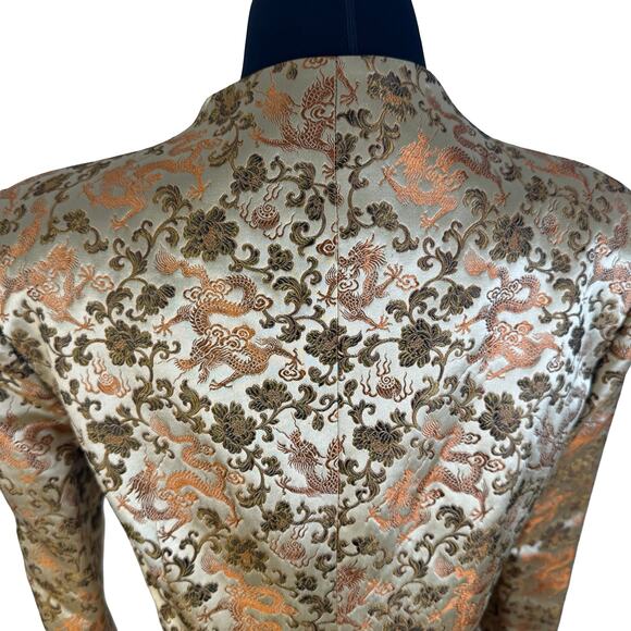 Vintage Gold Dragon Brocade Mandarin Jacket XS Longline Asian Inspired Blazer - Picture 4 of 16